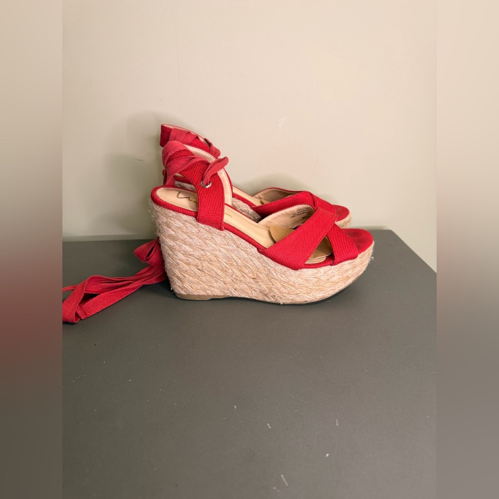 Women’s Lulus Red Wedge Espadrille Sandals with Ankle Wrap